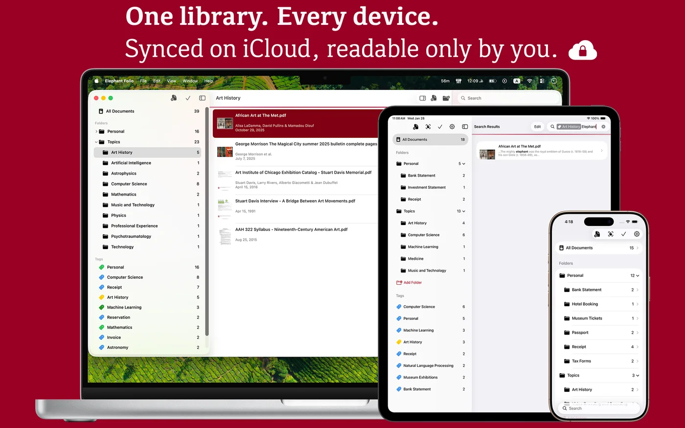 Elephant Folio on Mac, iPad, and iPhone — one library synced on iCloud
