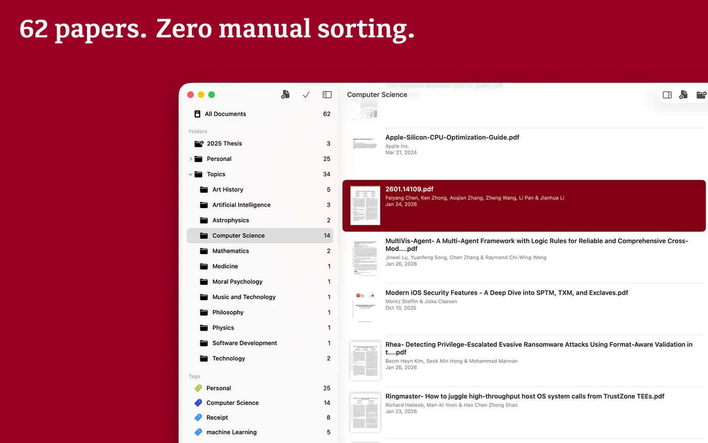 62 papers organized automatically with zero manual sorting