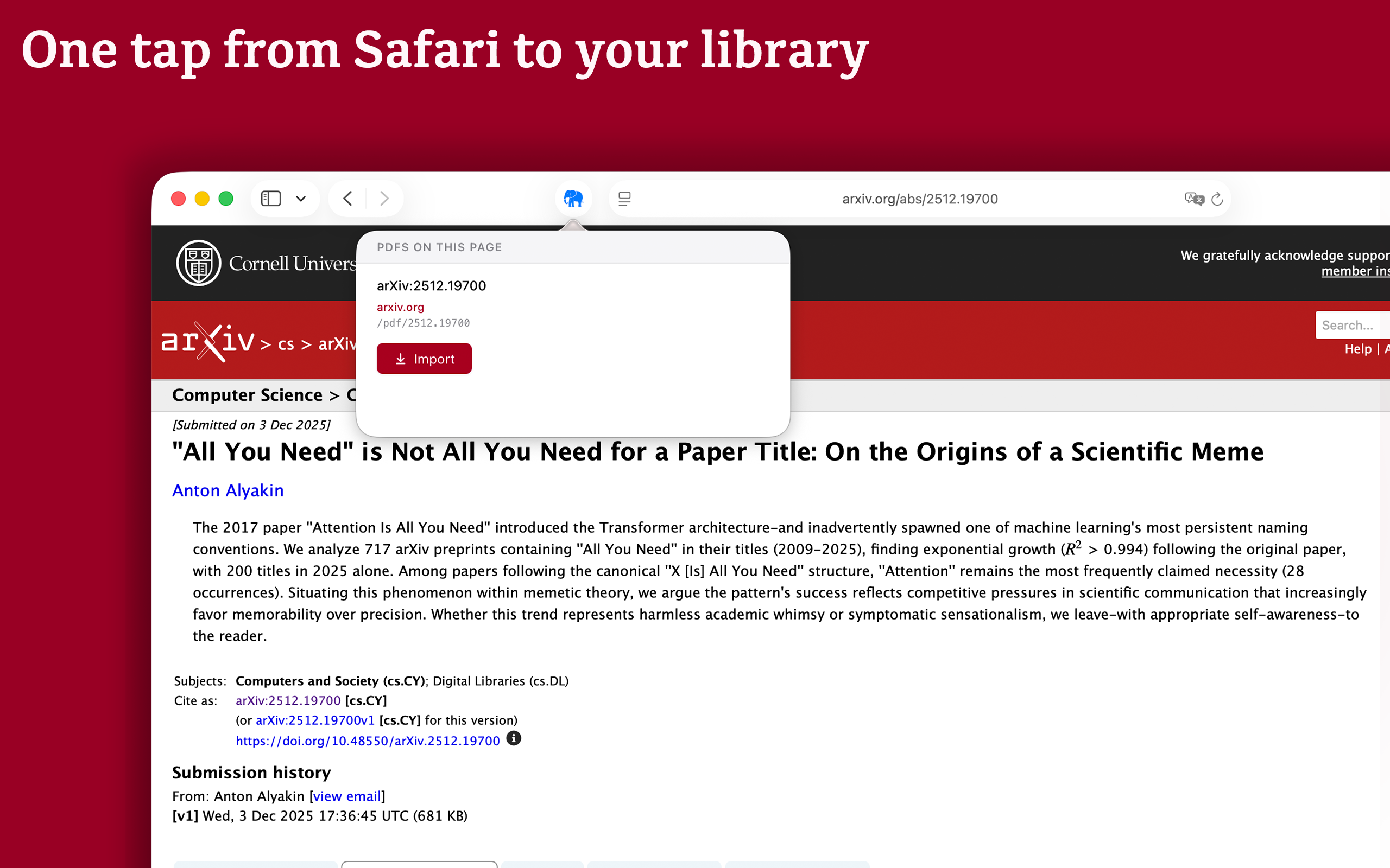 Safari extension importing an arXiv paper directly into Elephant Folio