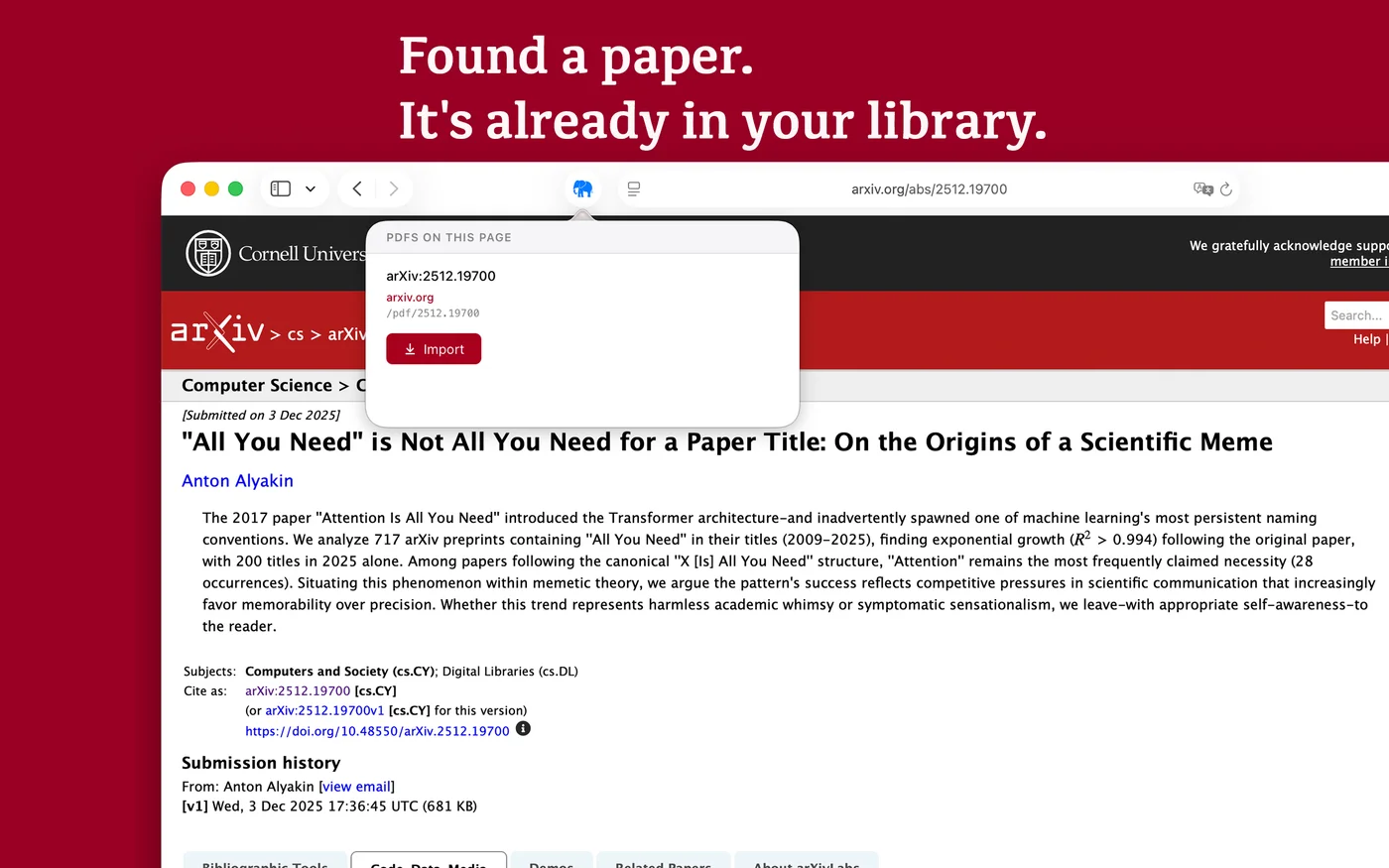 Safari extension importing an arXiv paper directly into Elephant Folio