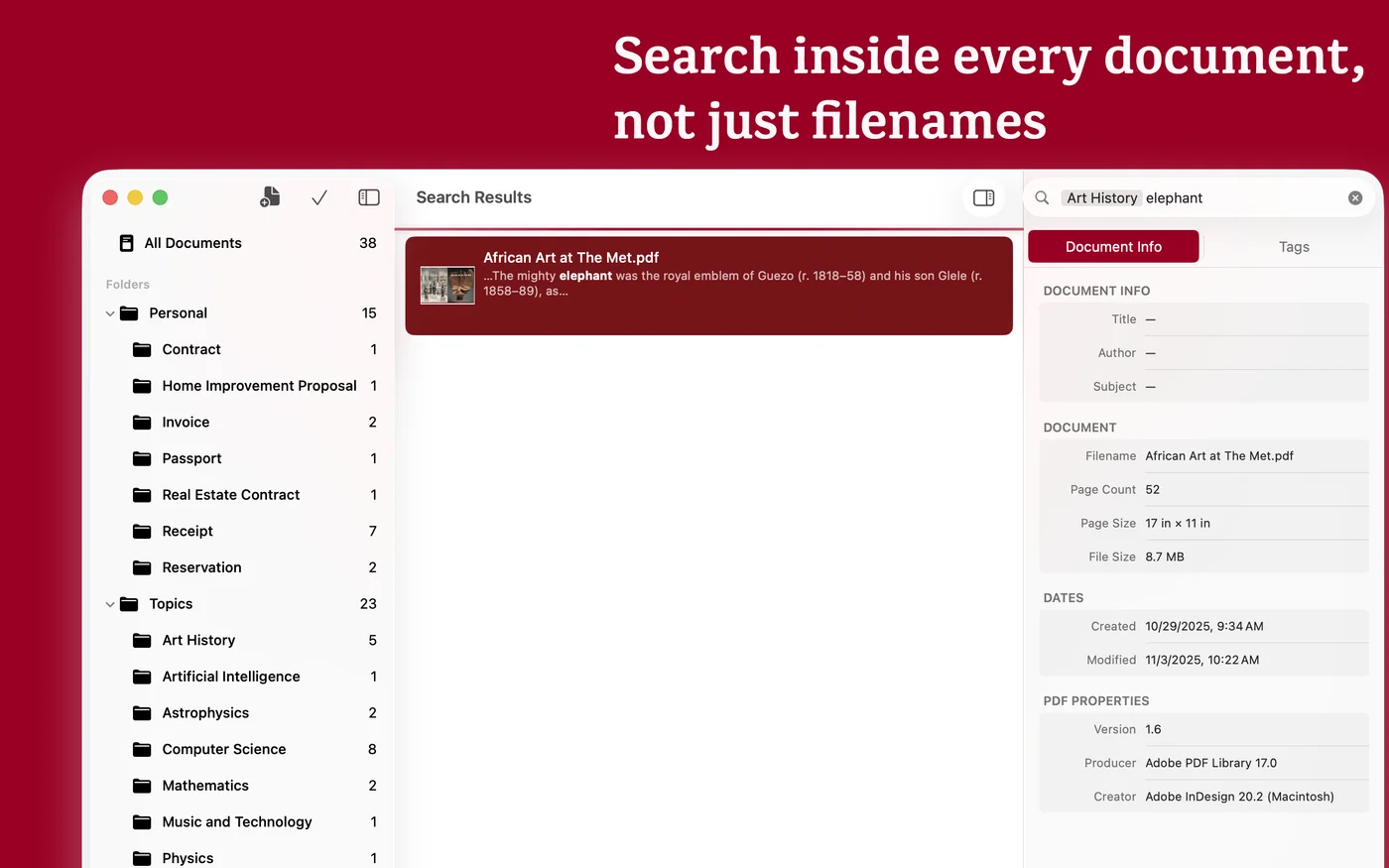 Full-text search results inside documents